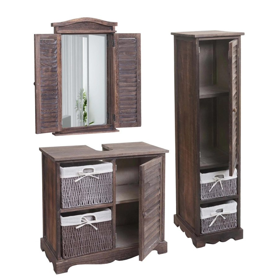 3-teiliges Badezimmerset MCW H20 in Shabby Braun mit Hochschrank, Waschbeckenunterschrank und Wandspiegel aus Palowniaholz - Bild 3