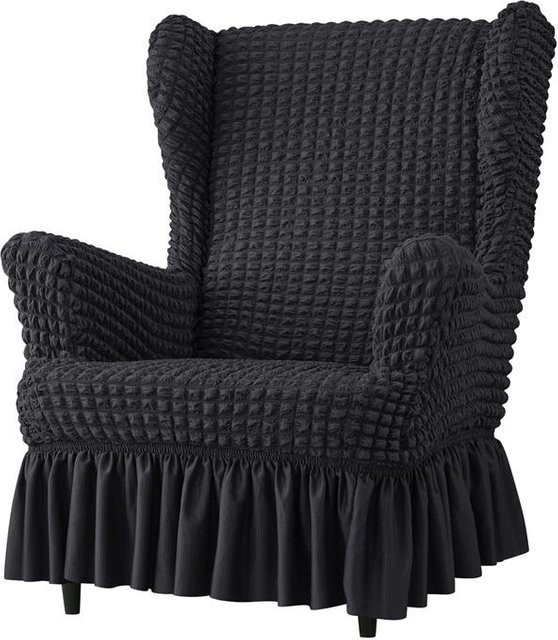Elastischer Sesselbezug aus Seersucker-Stretch-Material in Grau für Ohrensessel und Relaxsessel - Bild 1