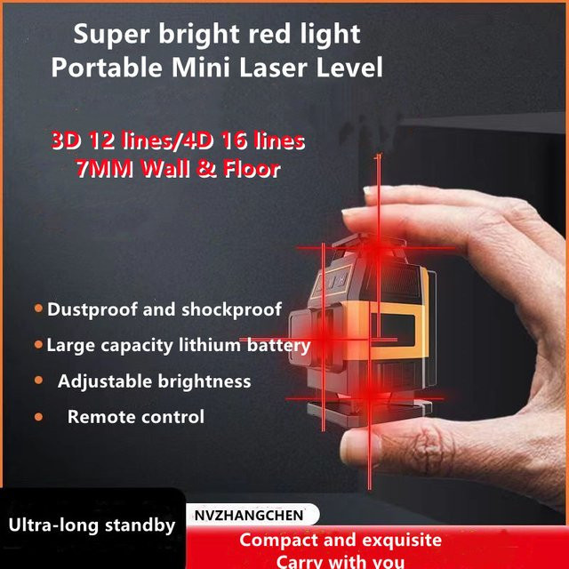NVZHANGCHEN Mini-Laser-Wasserwaage mit roten Linien, 12/16 Linien 3D/4D selbstnivellierend, 360 Grad horizontal und vertikal, hochpräzise Laser-Wasserwaage in Rot - Bild 1