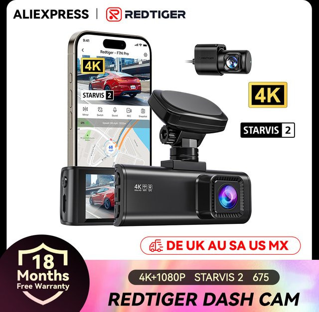 REDTIGER F7N PRO Dashcam 4K Videorekorder mit WLAN und GPS, STARVIS 2 Sensor für Nachtsicht, Schwarz - Bild 1