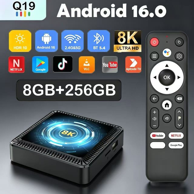 Android 16 TV Box Q19 Media Streamer in Schwarz mit 8K Ultra HD, Allwinner H618, 8GB RAM, 256GB Speicher und Bluetooth 6.0 inklusive Google Sprachassistent - Bild 1