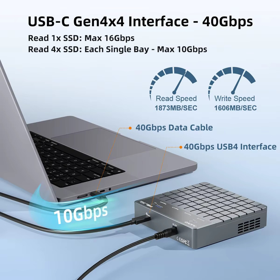 MAIWO M.2 NVMe SSD-Gehäuse mit 4 Einschüben, 40Gbps USB-C 4.0 Adapter für bis zu 32TB, unterstützt Offline-Klonen - Bild 3
