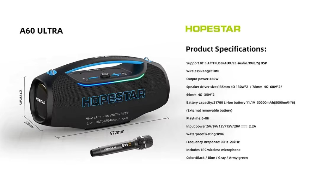 HOPESTAR A60 ULTRA 450W Outdoor Bluetooth 5.4 Lautsprecher mit Wireless-Mikrofon, 30000mAh Akku und IPX6 Wasserdichtigkeit in Schwarz oder Grün - Bild 3