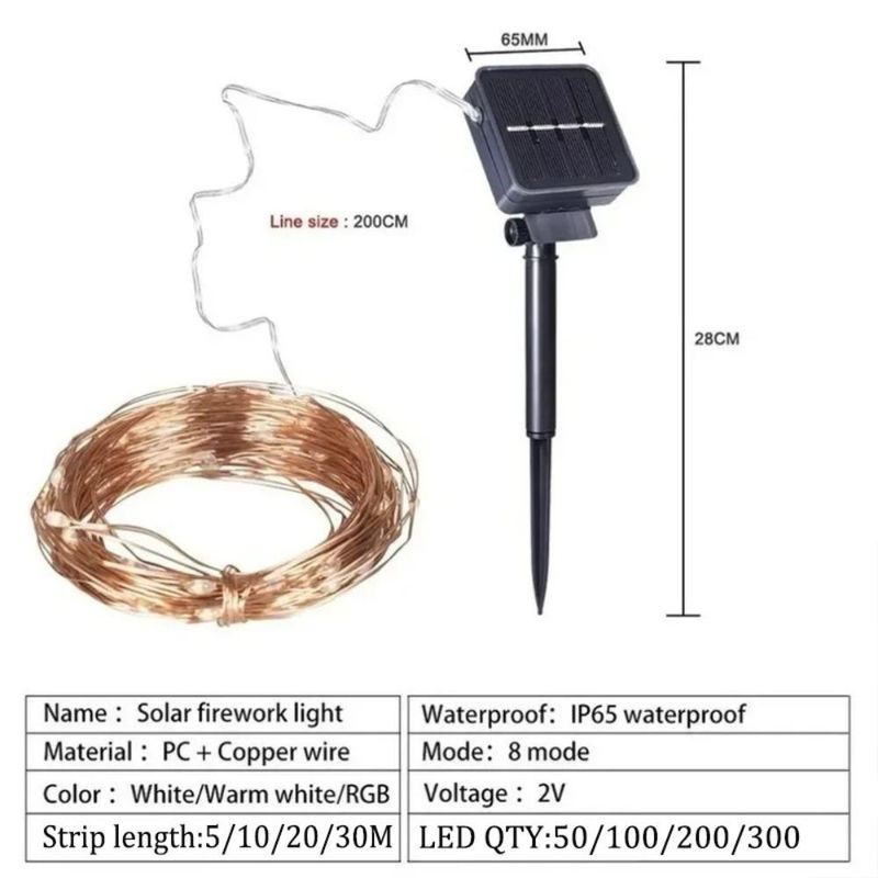 Solar-Lichterkette für den Außenbereich mit warmweißen LED-Kupferdrähten und 8 Modi, 20 m Länge - Bild 2