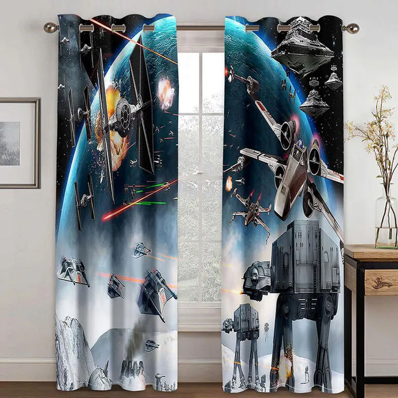 A Family Of Home Textiles 2er-Set dünne Fenstervorhänge mit 3D-Cartoon-Weltraum-Motiv in Blau, semi-transparent mit Ösen, Höhe: 200 cm, Breite: 170 cm - Bild 2