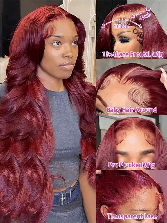 BUNGIOL Perücke Echthaar, Body Wave, Burgunderrot, 36 Zoll, 250% Dichte - Bild 2