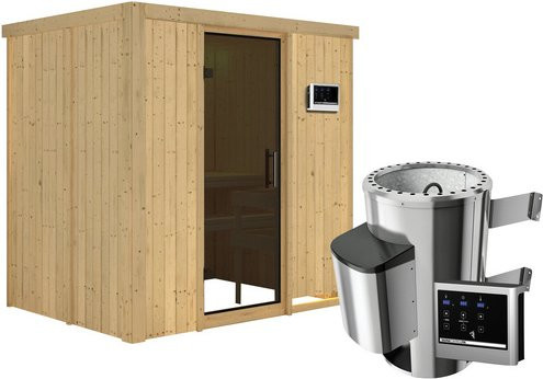 Karibu Sauna Kircholm aus Fichtenholz in Beige mit 3,6 kW Saunaofen und externer Steuerung für 3 Personen, B/T/H: 198,0 x 151,0 x 196,0 cm - Bild 1