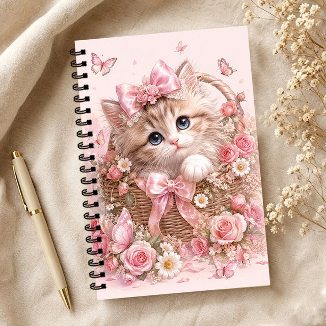 Notizbuch mit Blumenkorb- und Katzenmotiv in Pink, A5, linierte Seiten - Bild 1