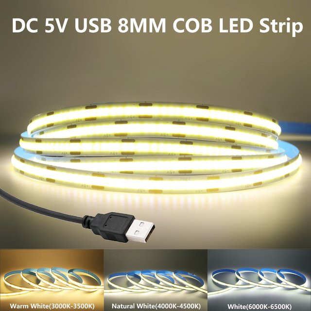 XUNATA COB LED-Streifen USB 5V mit 320 LEDs/m für TV-Hintergrundbeleuchtung und Raumbeleuchtung, Weiß - Bild 1