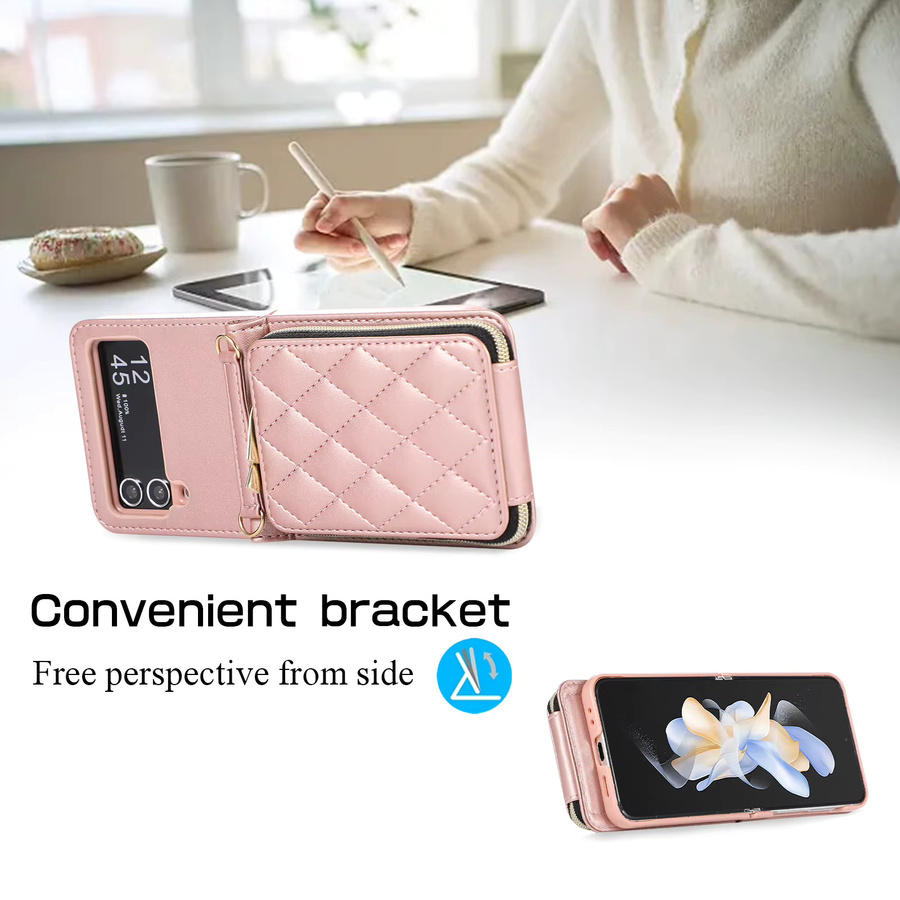 Umhängetasche aus veganem Leder für Samsung Galaxy Z Flip 5G mit Kartenhalter und Handgelenkschlaufe in Purple und Pink - Bild 3