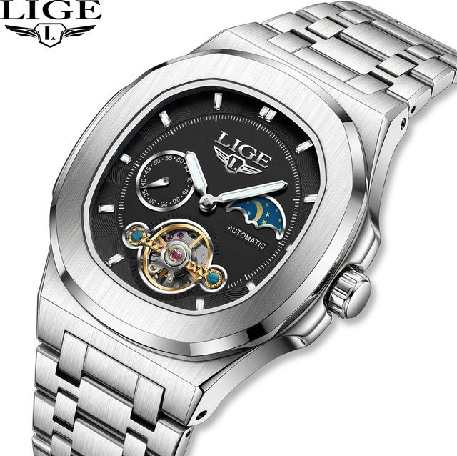 LIGE Armbanduhr Automatik, Mondphase, Edelstahl, Schwarz, Silber, Herren - Bild 1