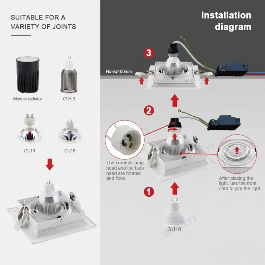 JOYINLED Einbau-Spot Quadratisch aus Bambus, Verstellbare Deckenleuchte in Schwarz für GU10/MR16 LED und Halogen - Bild 2