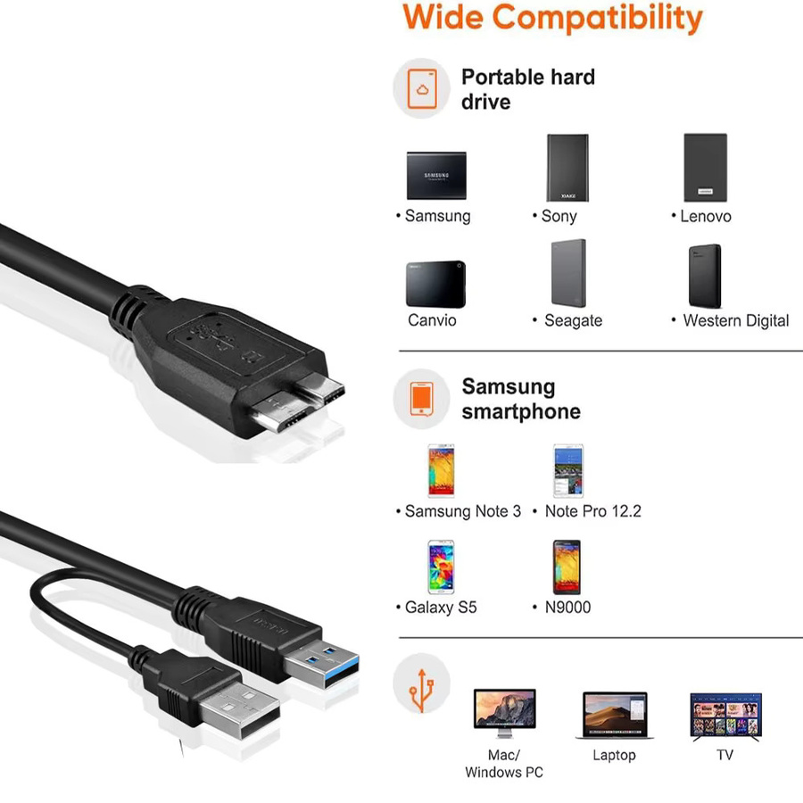 USB 3.0 Y-Kabel von Seagate mit USB-A Stromversorgung auf Micro-B für externe Festplatten, Schwarz - Bild 2