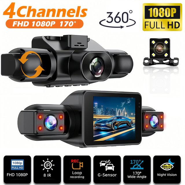 GMAIPOP 4-Kanal-Dashcam in Schwarz mit Nachtsicht, 24/7 Parkmonitor, G-Sensor und Loop-Aufnahme - Bild 1