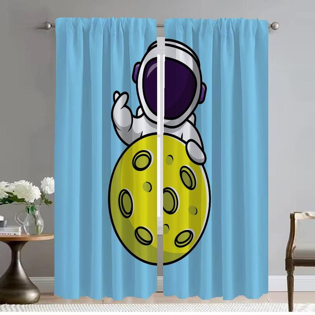 Moderne Astronaut Cartoon Vorhänge aus Tüll, 2er-Set, Blau, B: 50 cm, H: 70 cm - Bild 1