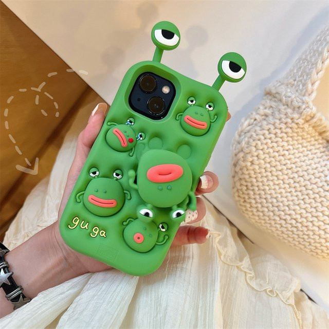 MUQGEW Silikon Handyhülle mit 3D Cartoon Frosch Design und Teleskop-Ständer für iPhone 12 bis iPhone 16 Pro Max, Farbe: Grün - Bild 1