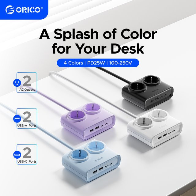 ORICO PD25W Desktop-Steckdosenleiste mit 2 Typ-C-Anschlüssen, 2 USB-A-Anschlüssen und 2 AC-Steckdosen in Schwarz oder Lila - Bild 1
