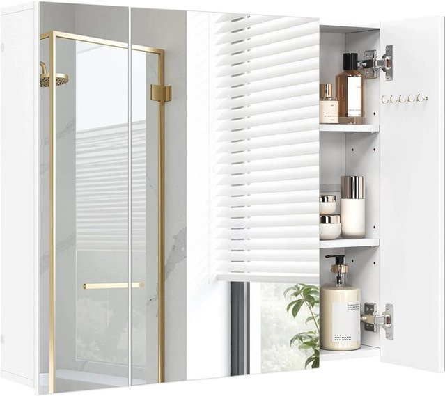 EUGAD Spiegelschrank in Weiß mit 3 Glastüren, verstellbaren Einlegeböden und Haken, B/T/H: 70 x 30 x 60 cm - Bild 1