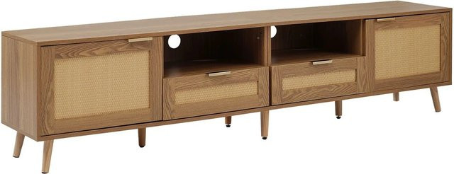 okwish TV Ständer mit Rattan Design und Massivholz Füßen in Braun, B/T/H: 200 x 37 x 49 cm - Bild 1