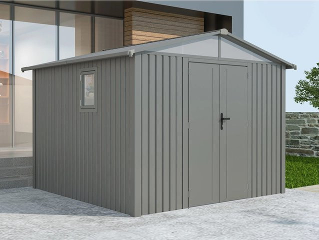 StarLine Metall Gerätehaus Modell Trend in Grau mit 7,56 m² Grundfläche, Doppeldoor, Fenster und Regenrinne - Bild 1