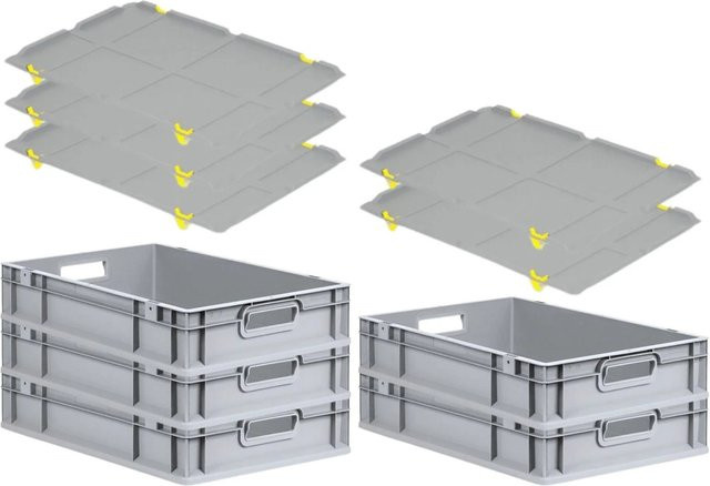 PROREGAL SparSet 5x Eurobox NextGen Grip mit Auflagedeckel in Grau, H x B x T: 12 x 40 x 60 cm, 23 Liter, mit verstärkten Wänden und gelben Schiebeschnappverschlüssen - Bild 1