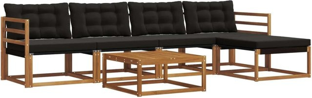 vidaXL Outdoor-Sofagarnitur 6-teilig aus Akazienholz und Textilene in Natur und Schwarz mit UV-beständigen Kissen - Bild 1