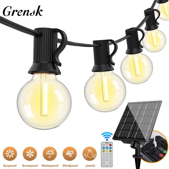 Grensk Solar LED Lichterkette G40 Vintage mit warmweißen Glühbirnen, wasserdicht und bruchsicher für Garten und Terrasse, Schwarz - Bild 1