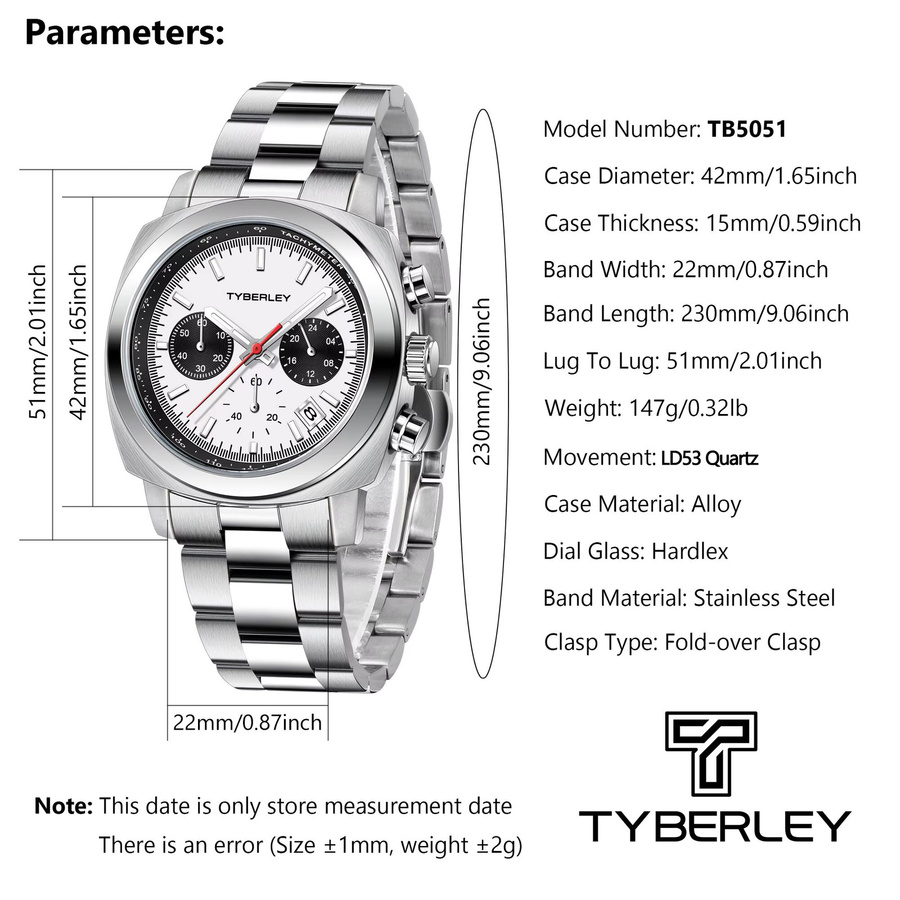 TYBERLEY Armbanduhr Herren, Quarz, Edelstahl, Weiß, Schwarz - Bild 6