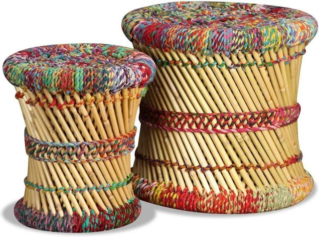 vidaXL Hocker Set 2 Stück mit Chindi-Webdetails aus Bambus und Eisenrahmen, Mehrfarbig, B/T/H: 31,0 x 31,0 x 39,0 cm - Bild 1