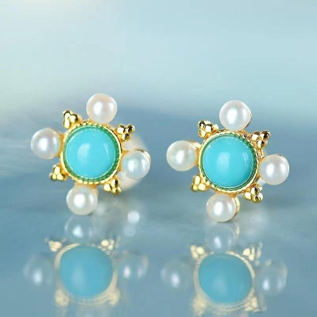 YIRAN Jewelry Ohrstecker, Türkis, Perlen, Blumen, Damen - Bild 1