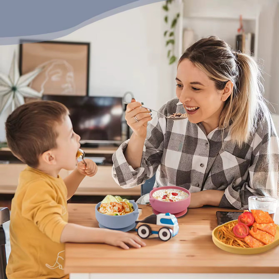 TYRY.HU Baby Silikon Essgeschirr Set mit Sauger Schüssel Lätzchen und Besteck in Katzen-Design, BPA-frei - Bild 3