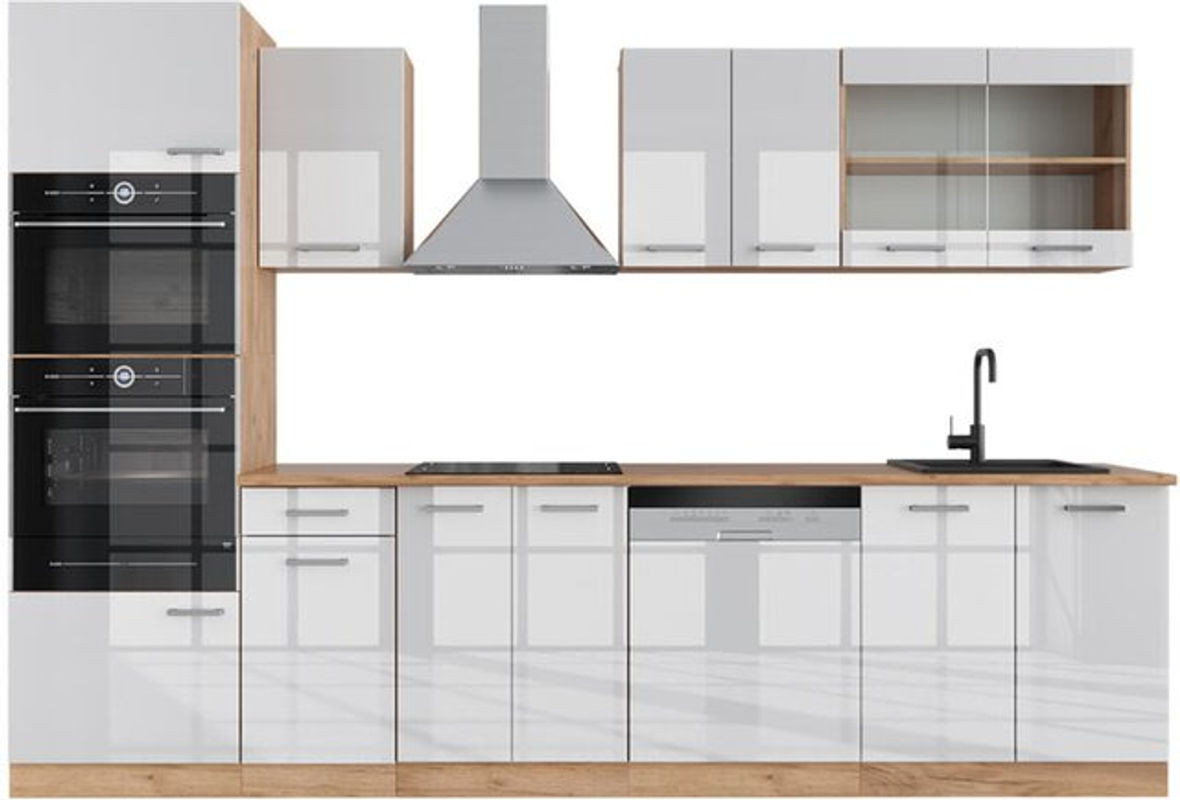 Vicco Küchenzeile R-Line in Weiß Hochglanz und Eiche Natur mit Hochschrank, Breite: 300 cm - Bild 1