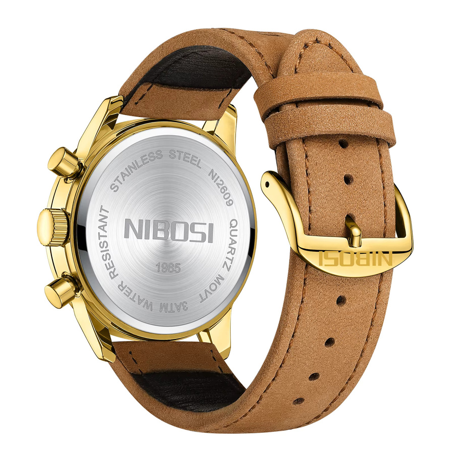 NIBOSI Armbanduhr Herren, Quarz, Leder, Schwarz, Gold, Datum - Bild 2