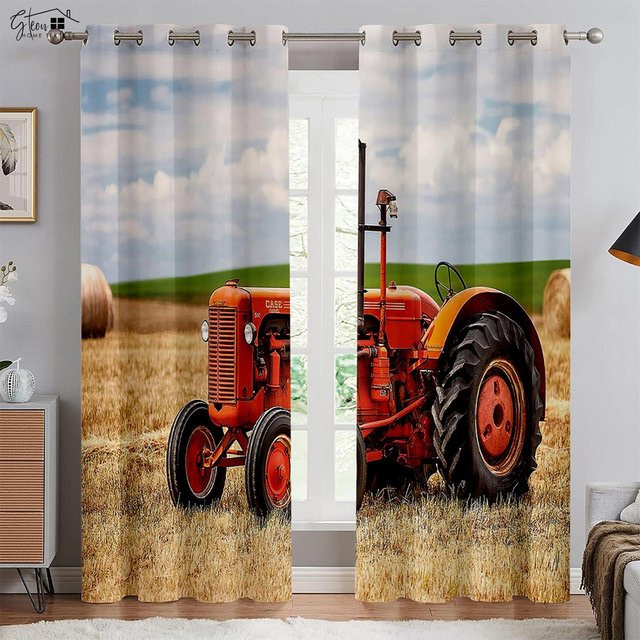 Yiran Furniture Traktor-Farm-Vorhänge im Industrie-Stil mit 3D-Druck, 2er-Set aus Polyester, halbtransparent, Mehrfarbig, Breite: 50 cm, Höhe: 130 cm - Bild 1