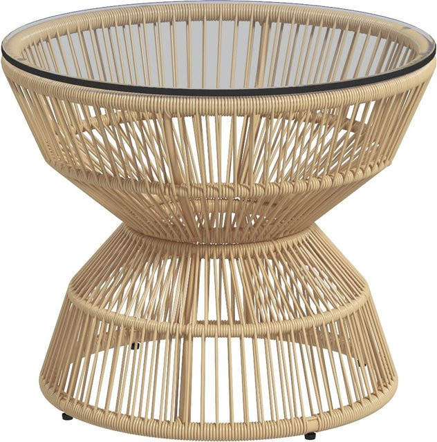 Outsunny Beistelltisch im Boho-Design aus Rattan mit Hartglas Tischplatte, Farbe: Braun/Beige, Durchmesser: 60 cm, Höhe: 30 cm - Bild 1