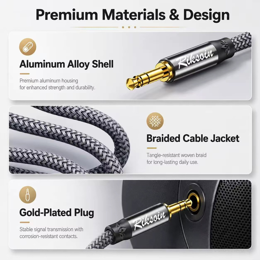 Riksoin AUX-Kabel 3,5mm auf 3,5mm Audiokabel Hi-Fi Stereo mit Nylon-Ummantelung in Schwarz - Bild 2