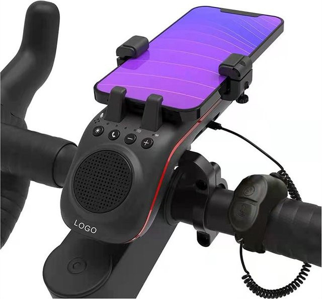 TM Boutique Fahrrad-Handyhalter mit Lautsprecher, wasserdichtem MP3-Player und Powerbank sowie Fahrradlicht und Glocke in Purple - Bild 1