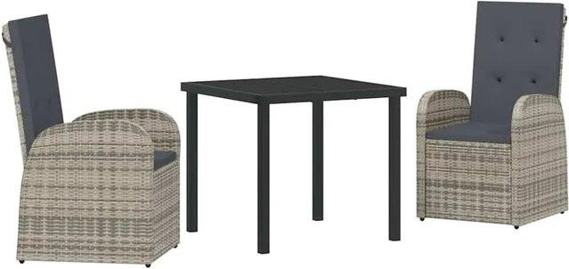 vidaXL Garten Essgruppe 3-teilig aus grauem Poly-Rattan mit Kissen und Tisch aus gehärtetem Glas B/T/H: 80 x 80 x 73 cm - Bild 1