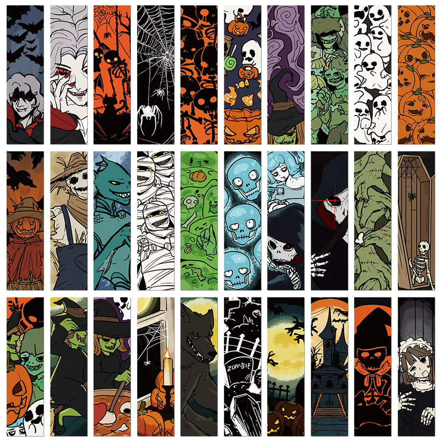 30 Stück Halloween Lesezeichen mit Grusel-Motiven wie Schädel und Kürbisköpfen in Multicolour - Bild 2