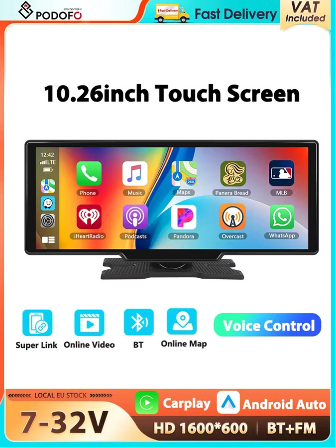 Podofo Smart Screen Player 10,26 Zoll mit Carplay, Android Auto, AirPlay, Mirror Cast und Bluetooth in Schwarz - Bild 1