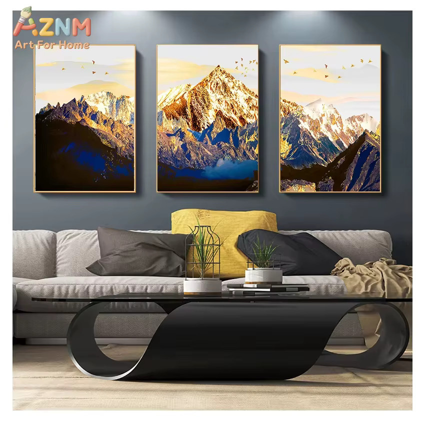 AZNM Leinwand-Wandkunst Golden Snow Mountain Flying Birds, moderner abstrakter Landschaftsdruck in Gold, ungerahmtes Leinwandgemälde für dein Wohnzimmer - Bild 1