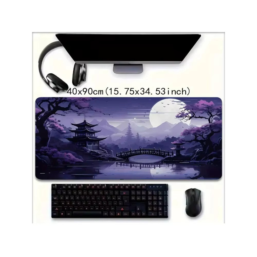 Gaming-Mauspad mit lila Nachtszene, Kirschblüten- und Pagoden-Design, rutschfeste Gummibasis, Farben: Lila und Weiß - Bild 2