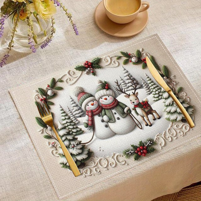 VIKAM Weihnachts-Tischsets mit Schneemann- und Rentier-Design aus Leinen, hitzebeständig und verschleißfest, Rechteckig, B: 45,0 cm, T: 30,0 cm - Bild 1