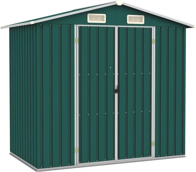 vidaXL Gerätehaus aus verzinktem Stahl in Grün mit Doppeltüren und schrägem Dach, B/T/H: 205 x 129 x 183 cm - Bild 1