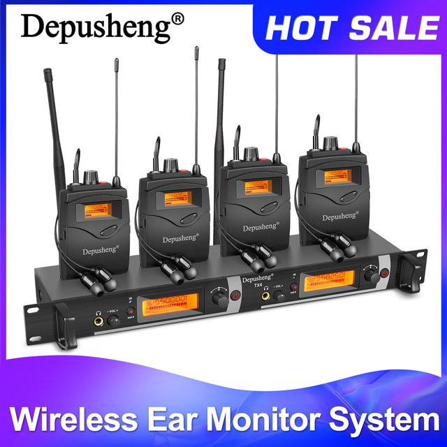 Depusheng TX2/4 Drahtloses In-Ear-Monitorsystem in Schwarz mit 2/4-Kanal Bodypack und In-Ear-Kopfhörern für Bühne oder Studio - Bild 1