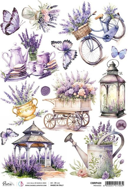 Motiv-Strohseide Ciao Bella Morning Provence in Violett und Multicolour, Format A4 - Bild 1