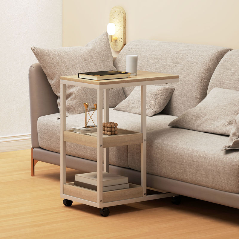 HOMCOM Beistelltisch in C-Form mit Rollen und 2 Ablagen, Stahlrahmen, Natur und Weiß, B/T/H: 51 x 33 x 66 cm - Bild 2