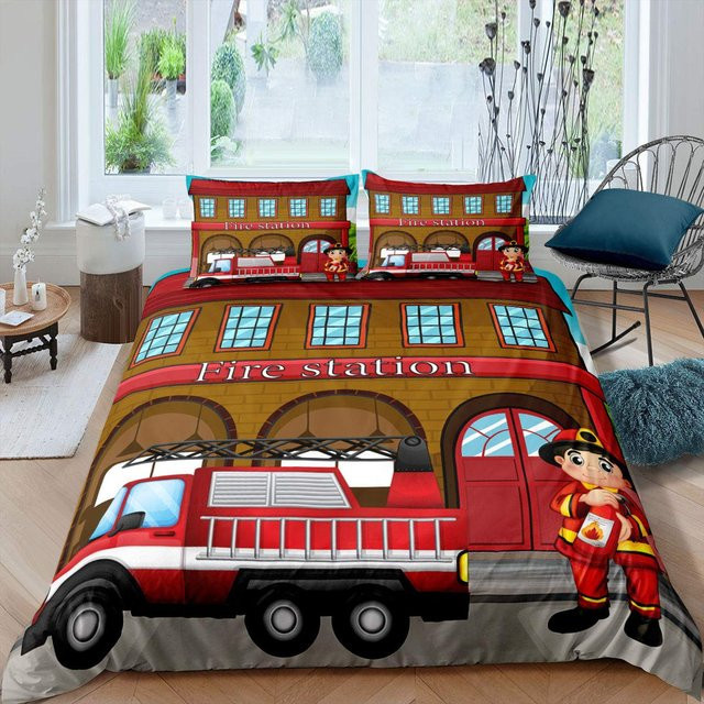 Bettwäsche-Set mit Feuerwehrauto-Muster für Kinder von Binchi Outdoor Product, Farbe Rot, King-Size, B: 245 cm, H: 210 cm - Bild 1
