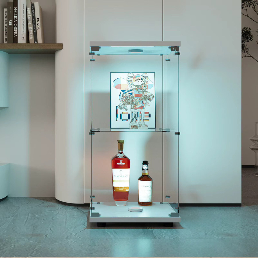 Rosahqnda Glasvitrine in Weiß mit LED-Beleuchtung, vertikale 2-stöckige Vitrine aus Glas und Holz für Sammlerstücke und Bücher - Bild 3