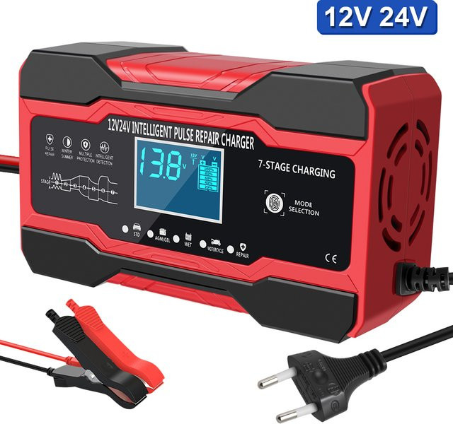 Intelligentes digitales Batterie-Ladegerät für Auto und Motorrad mit Display für 12V und 24V Blei-Säure-Batterien in Rot - Bild 1